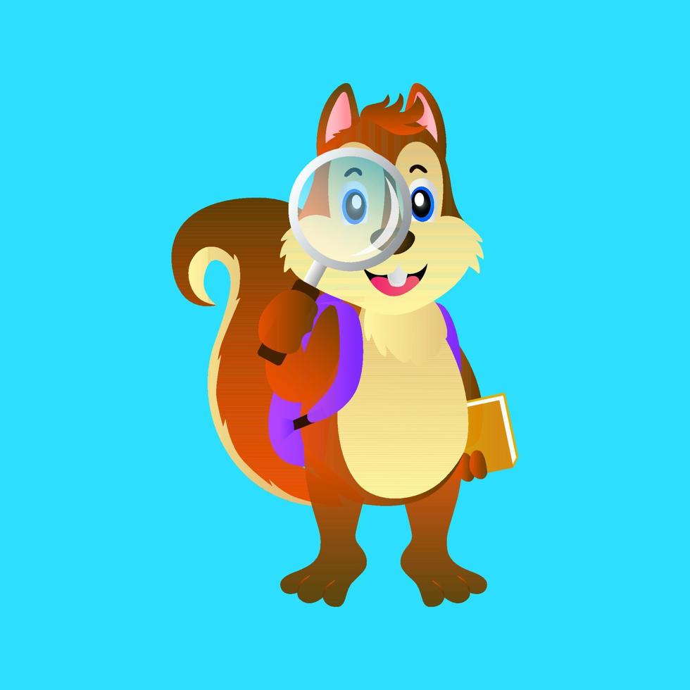vector cartoon animal, a squirrel with a cheerful face carrying a magnifying glass and a bag and books, on a light blue background, suitable for illustrations of children's books, education, and more