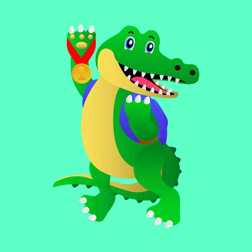 animal de dibujos animados vectoriales, un cocodrilo con una cara alegre que lleva una medalla y una bolsa sobre un fondo verde claro, adecuado para la ilustración de libros infantiles, educación y otros vector