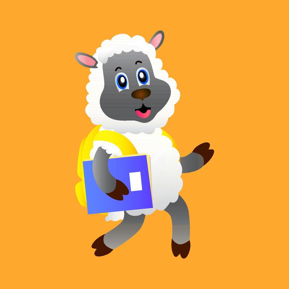 vector cartoon animal, a sheep with a cheerful face carrying a book and bag on a light orange background, suitable for illustration of children's books, education, and others