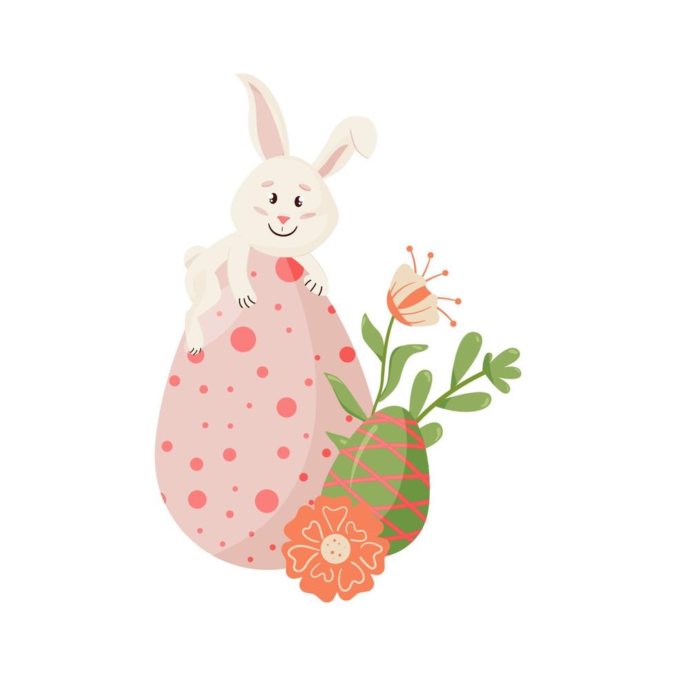 personaje de conejito. sentado en el huevo, sonriendo divertido, feliz conejo de dibujos animados de pascua con huevos, floral, flor vector