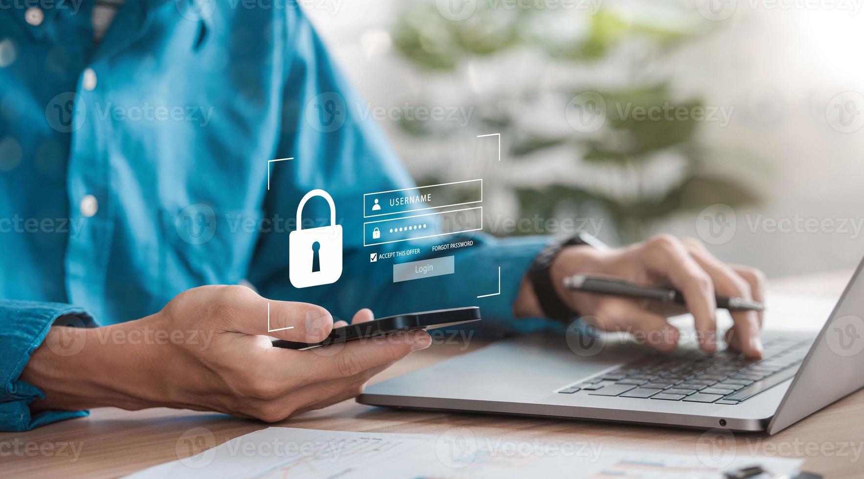 businessman typing on computer keyboard concept of cybersecurity Data Security and Encryption Secure access to users' personal data secure internet access photo
