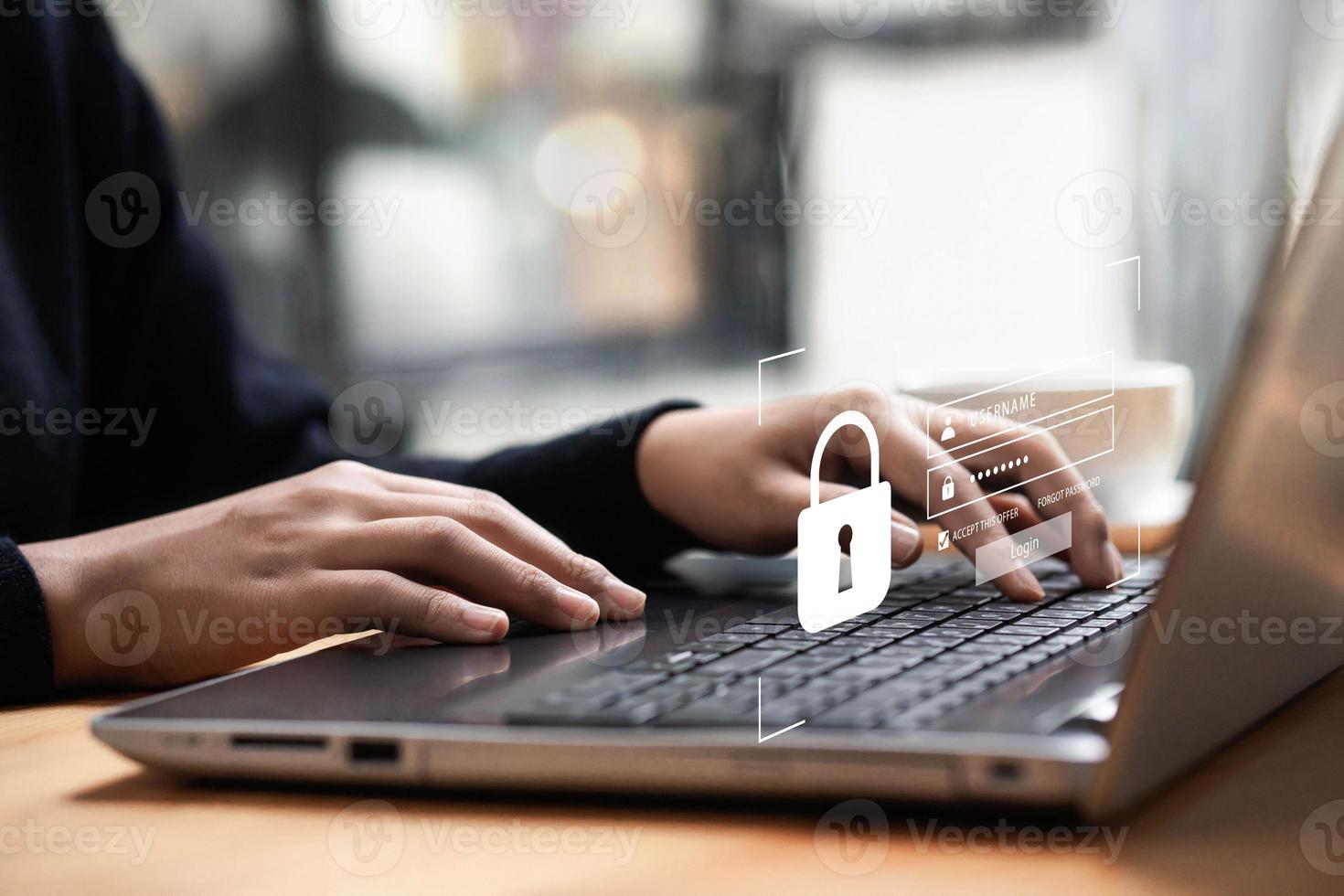 business man typing on computer keyboard cybersecurity and privacy concept to protect data Entering the username and password for the lock icon and Internet network security technology photo