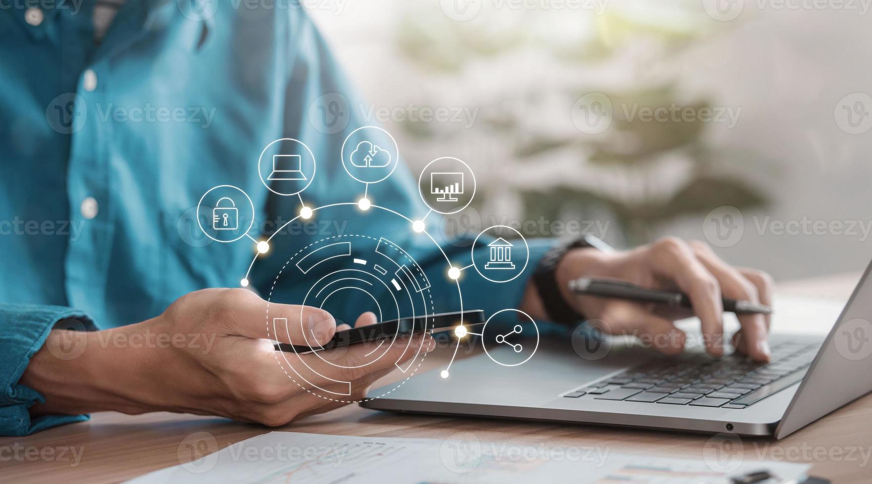 Man working with mobile phone showing cloud computing diagram in hand cloud technology data storage network and internet service concept photo