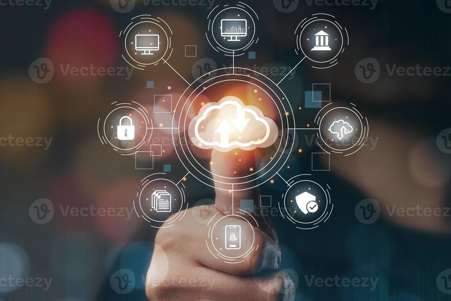 cloud computing in hand with icons cloud technology data storage, memory, document, business woman with thumbs touch in the concept of network and internet services photo