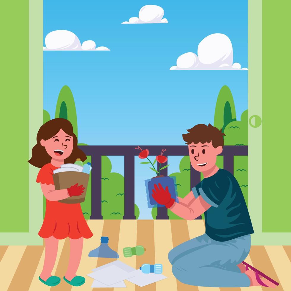 Father And Daughter Try Recycle Something vector