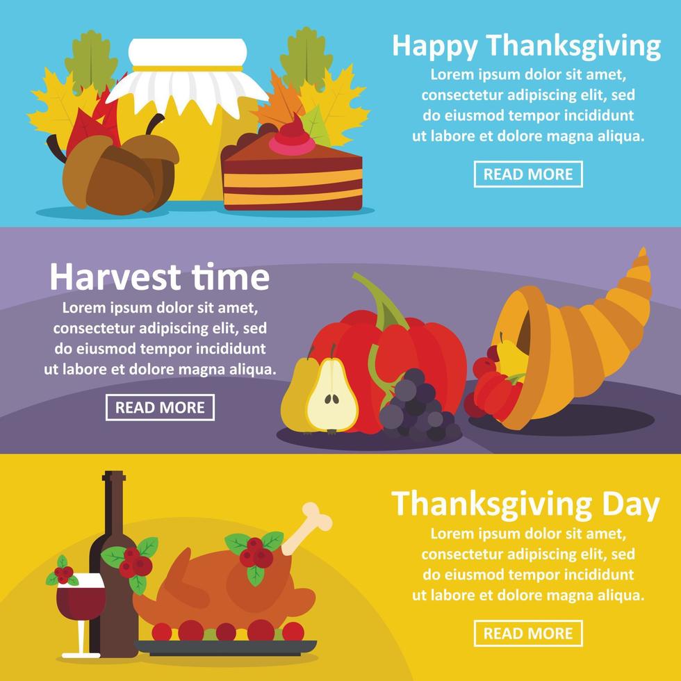 Thanksgiving banner horizonatal set, flat style vector