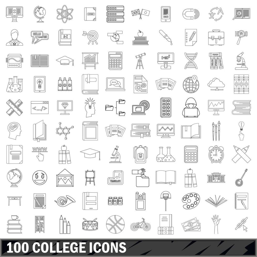 100 college icons set, outline style vector