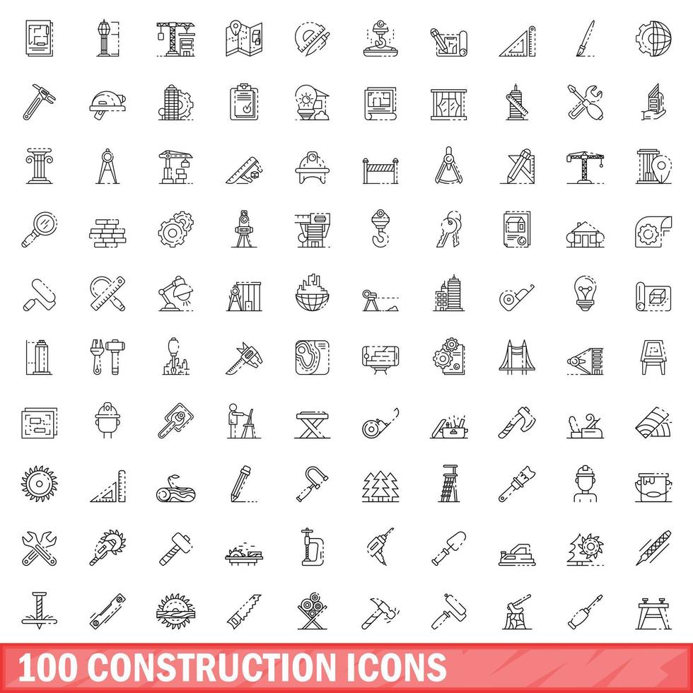 100 construction icons set, outline style vector