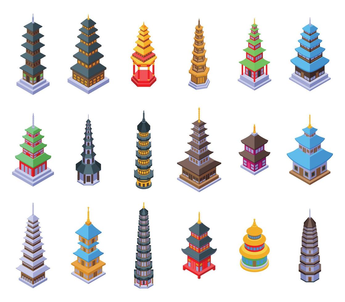 Pagoda icons set isometric vector. Asian temple vector