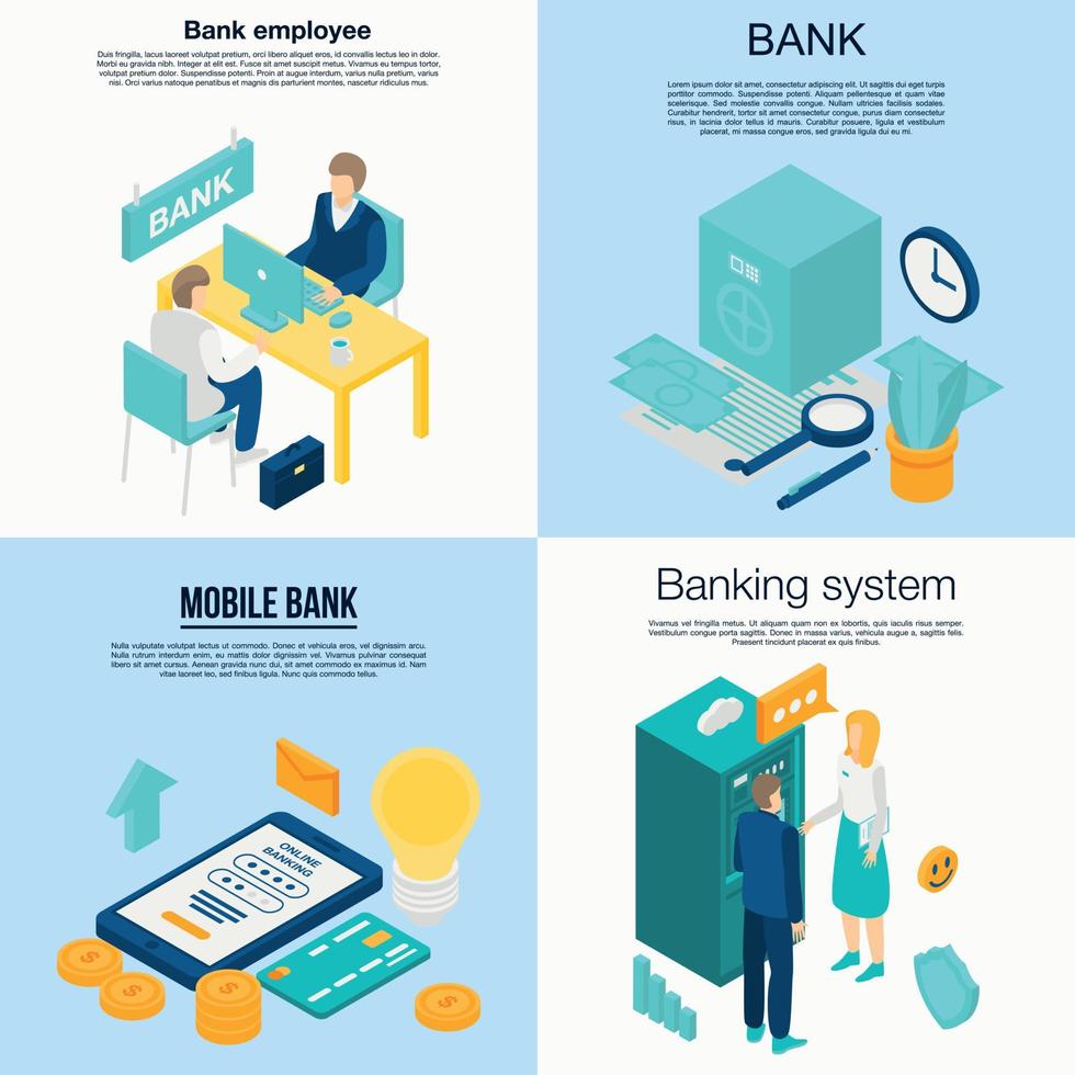 Bank employee banner set, isometric style vector