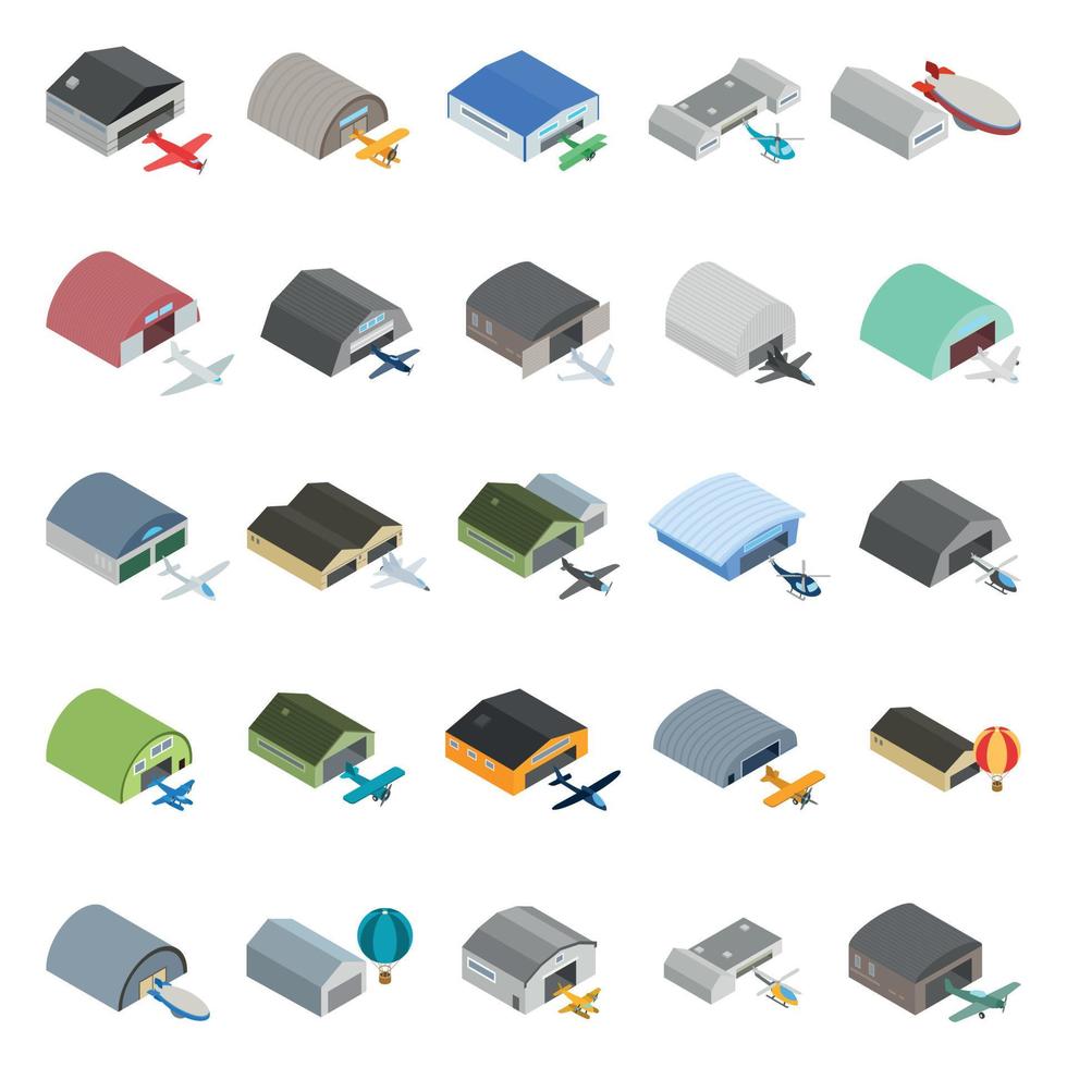 Air hangar icons set, isometric style vector