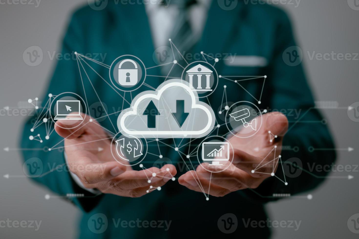 A guy holding displaying a cloud computing schematic. Cloud computing networking and internet service principles for data storage. photo