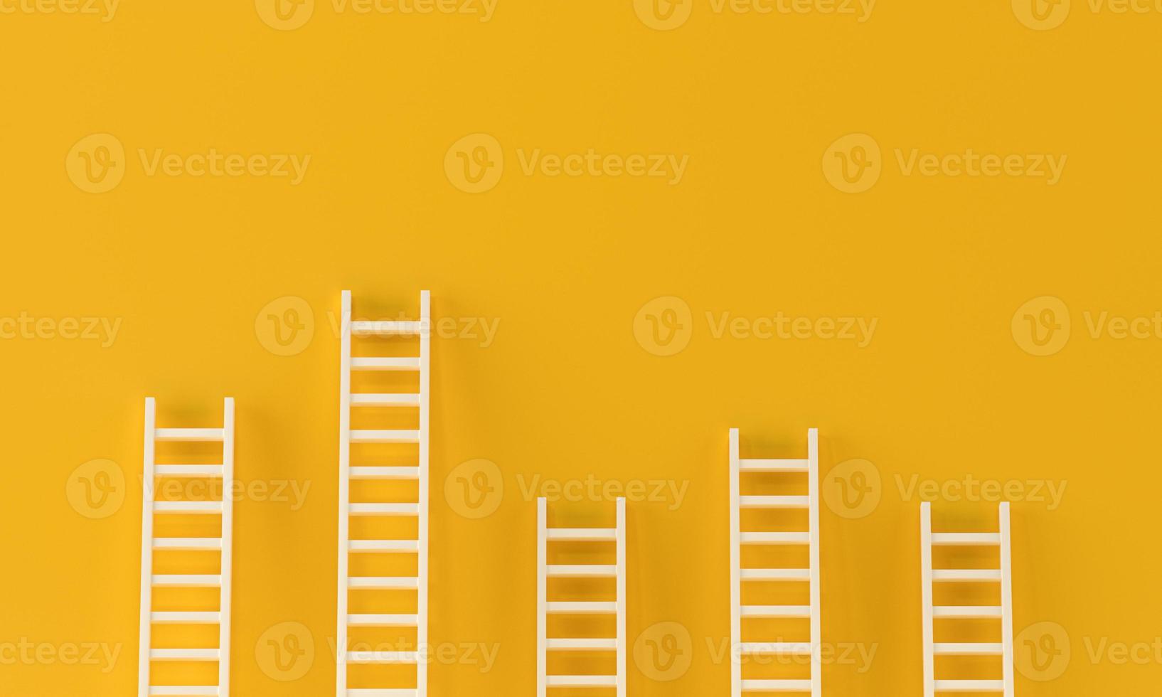 Ladder achievement collection on yellow wall. minimal studio background. 3d rendering photo