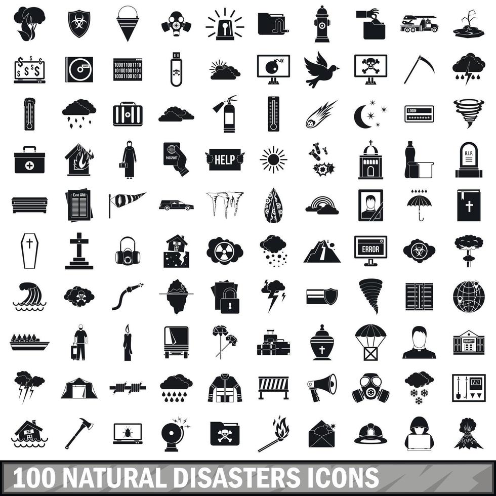 100 natural disasters icons set, simple style vector