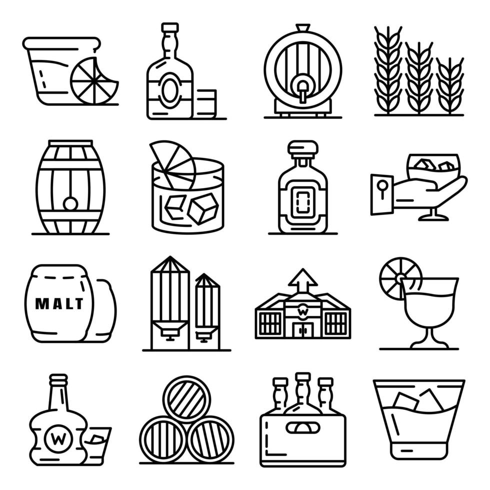 conjunto de iconos de whisky, estilo de esquema vector