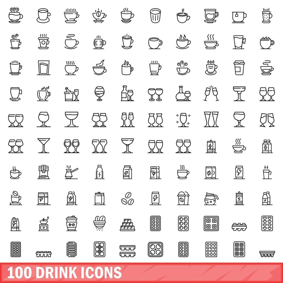100 iconos de bebida, estilo de esquema vector