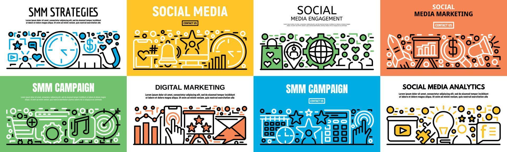 Smm banner set, outline style vector