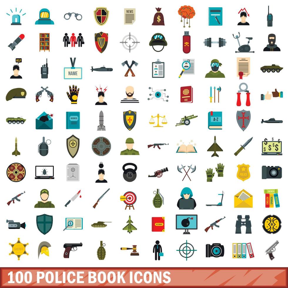 100 police book icons set, flat style vector