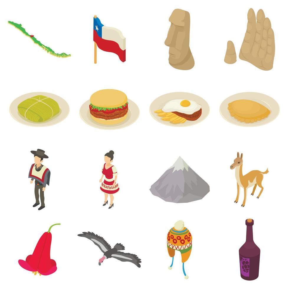 Chile travel icons set, isometric style vector