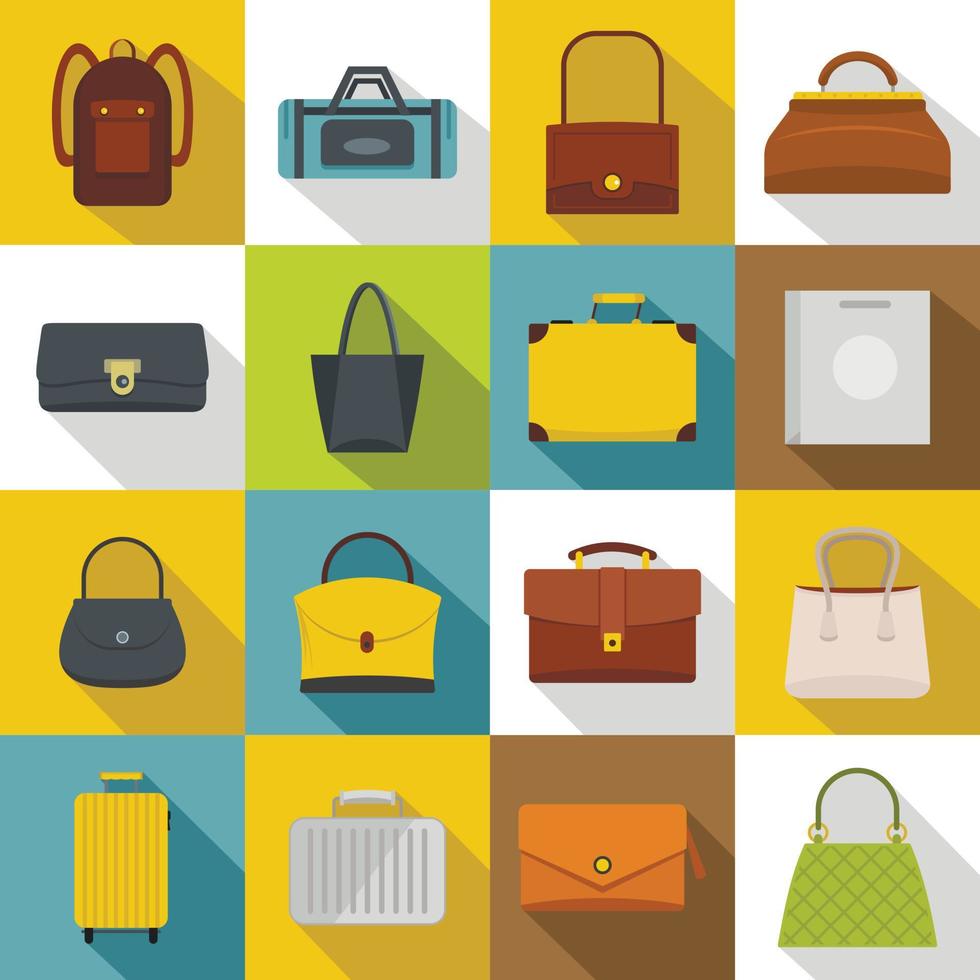 bolsa, equipaje, maleta, iconos, conjunto, plano, estilo vector