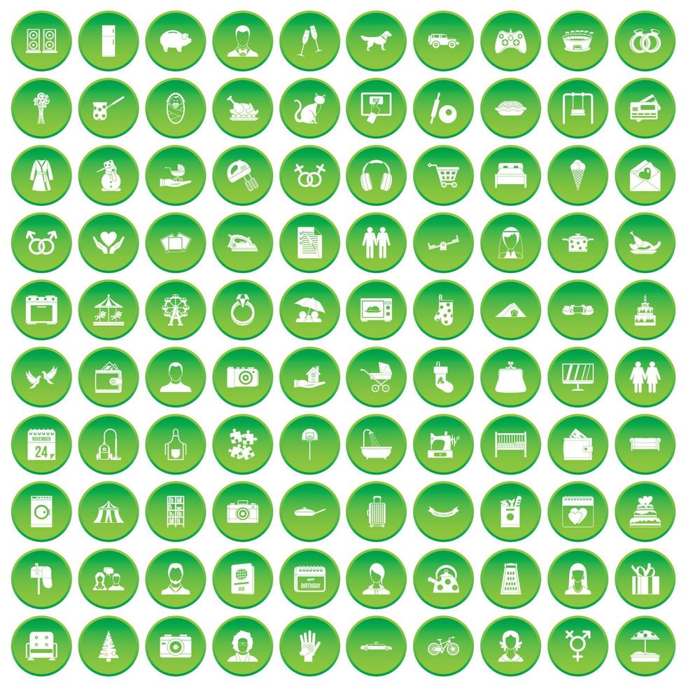 100 family icons set green circle vector