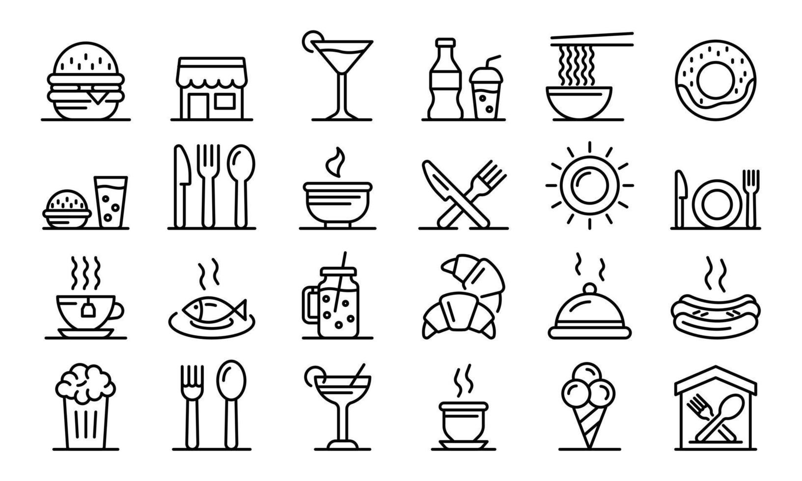conjunto de iconos de patios de comidas, estilo de esquema vector