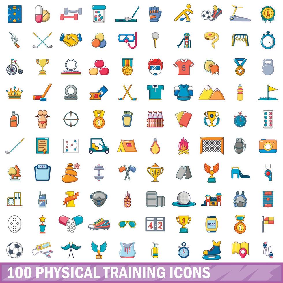 100 iconos de entrenamiento físico, estilo de dibujos animados vector