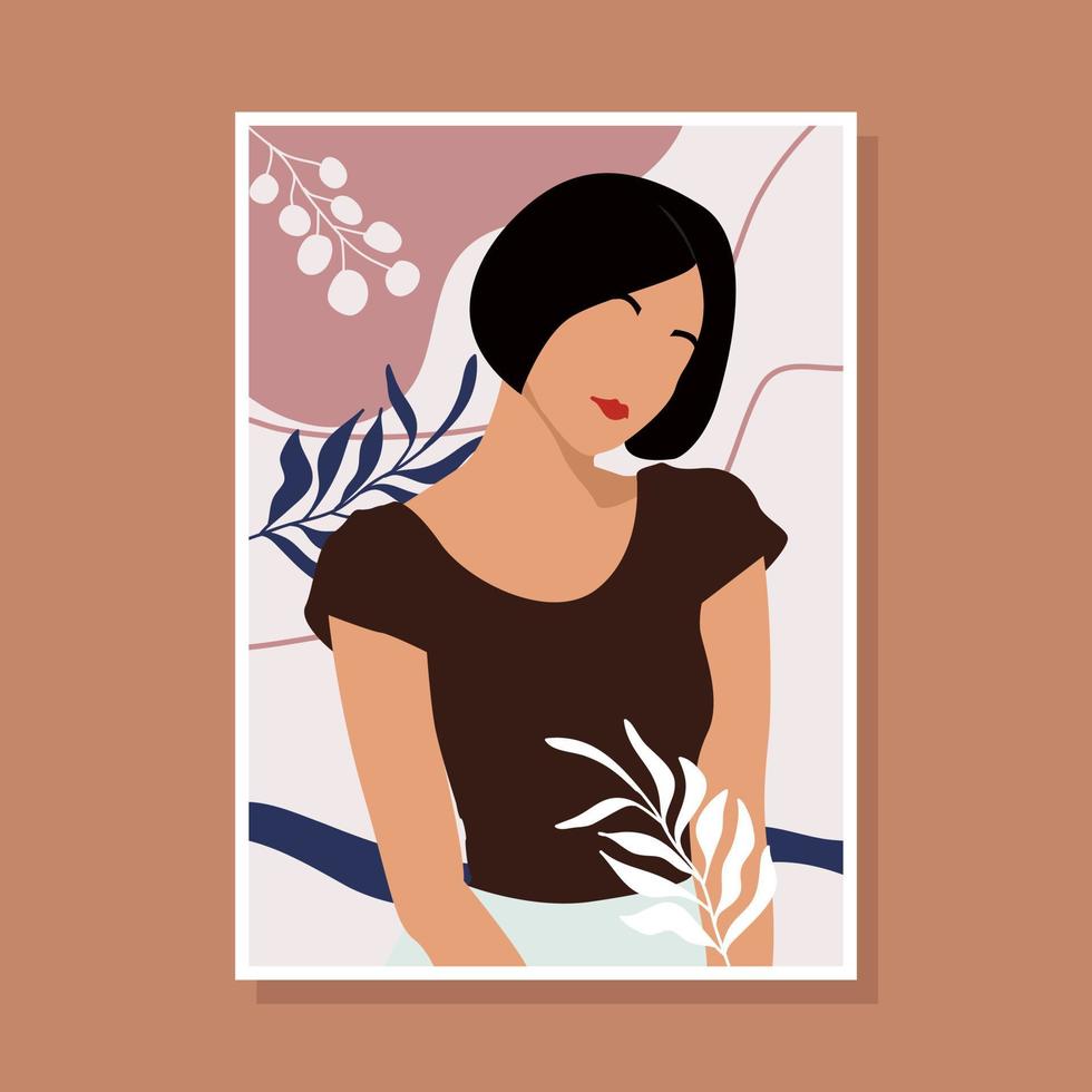Beautiful Abstract Afro American woman in fashion brown dress. Pastel Tropical leaves background. Modern minimalist female portrait vector
