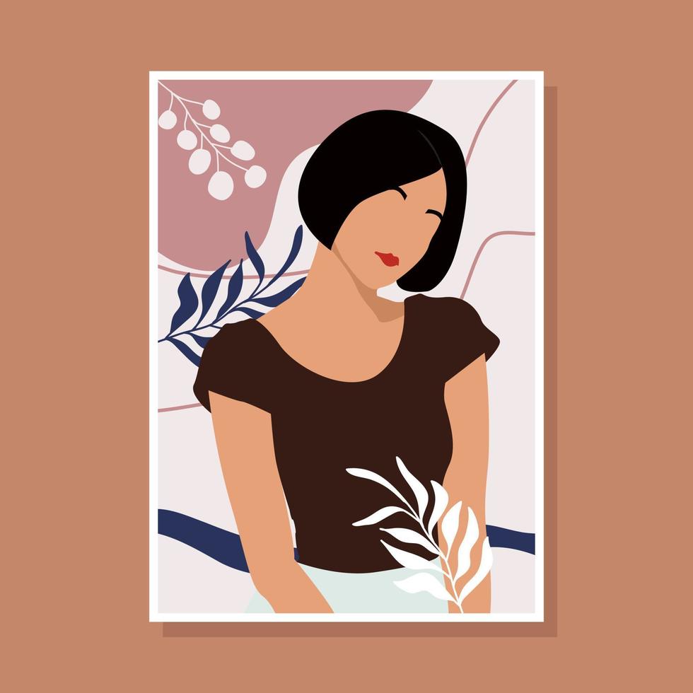 hermosa mujer afroamericana abstracta con vestido marrón de moda. fondo de hojas tropicales pastel. retrato femenino minimalista moderno vector