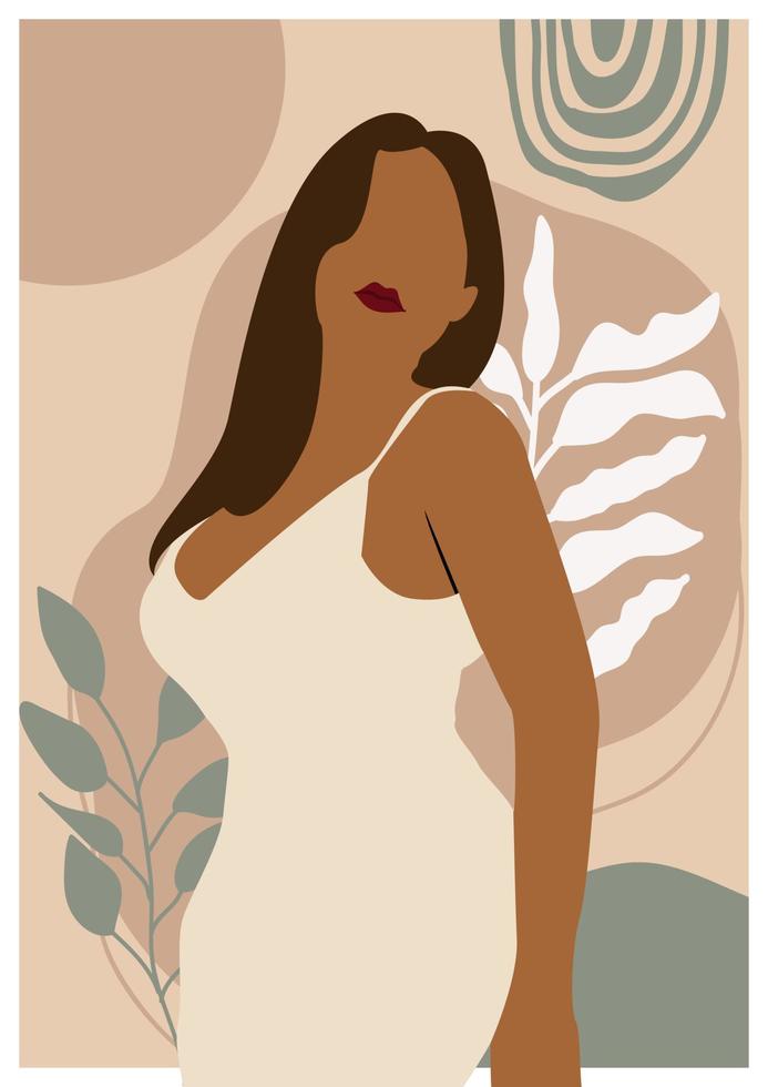 colección de carteles con retrato de mujer africana, hojas tropicales exóticas sobre fondo pastel. ilustración de mujer afroamericana para póster, pancarta, cartel, impresión, lienzo en tono tierra vector