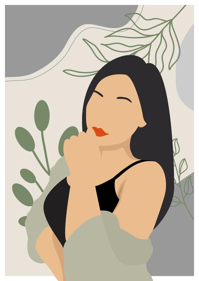 hermosa mujer afroamericana abstracta con vestido marrón de moda. fondo de hojas tropicales pastel. retrato femenino minimalista moderno vector