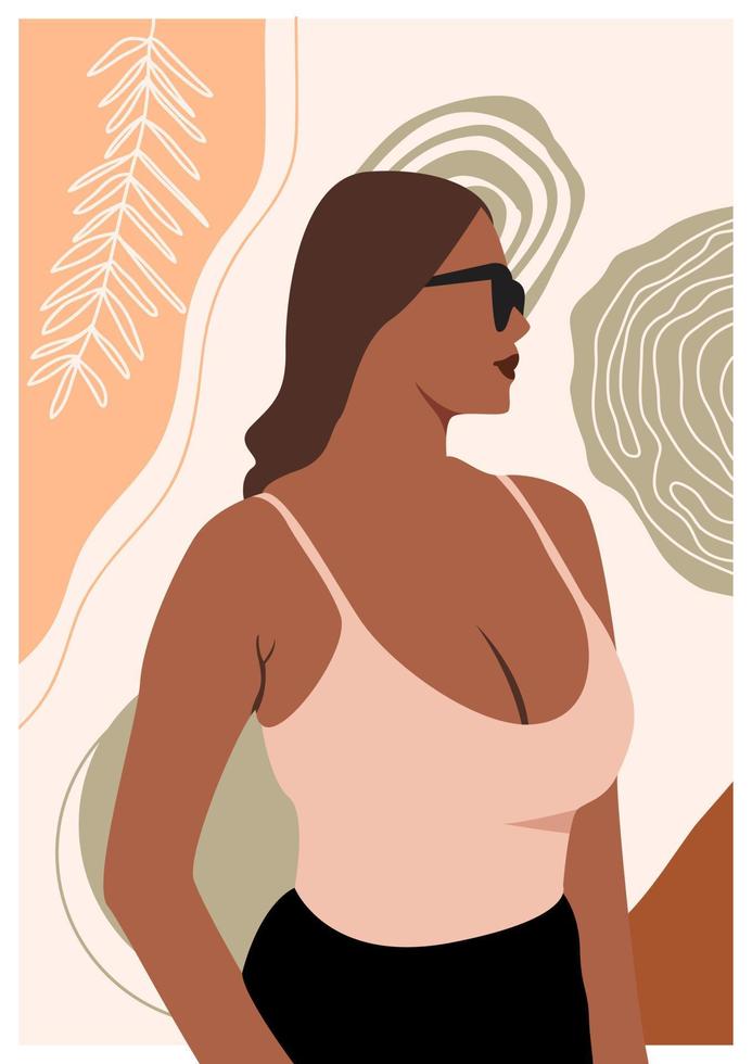 afiche con retrato de mujer africana, exótica planta tropical en jarrones antiguos. ilustración de mujer afroamericana para póster, pancarta, cartel, impresión, lienzo en tono tierra. vector