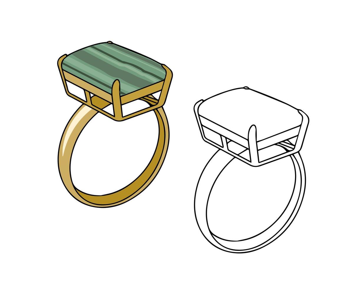 anillo de oro con malaquita. dibujo lineal sobre un fondo blanco vector