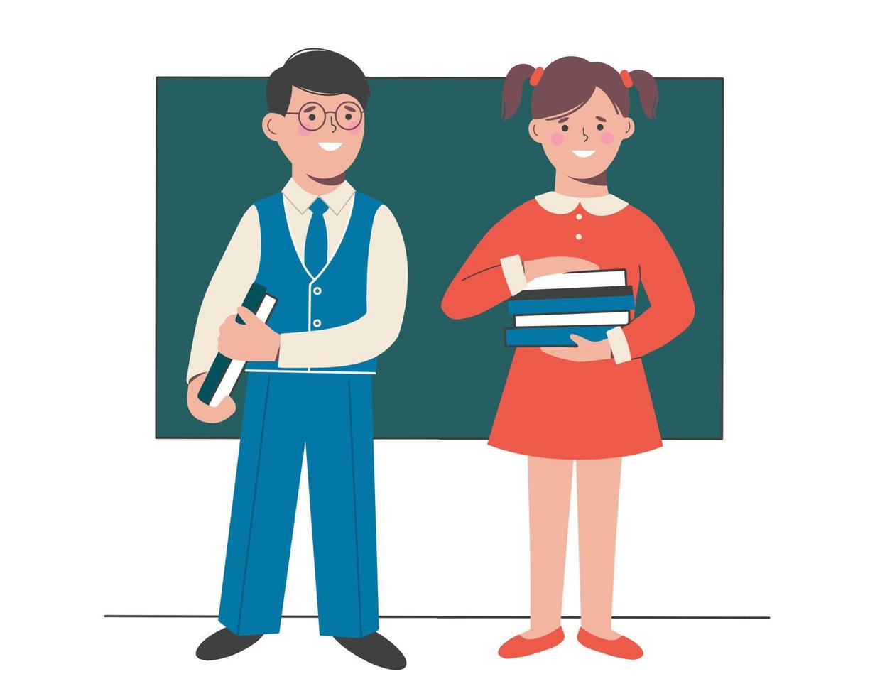 Schoolboy and a schoolgirl stand at the blackboard in the classroom, they hold books in their hands vector