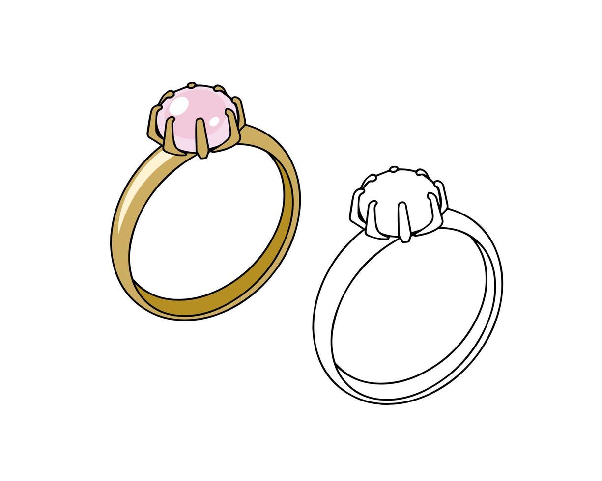 anillo de oro con perlas rosas. dibujo lineal sobre un fondo blanco vector