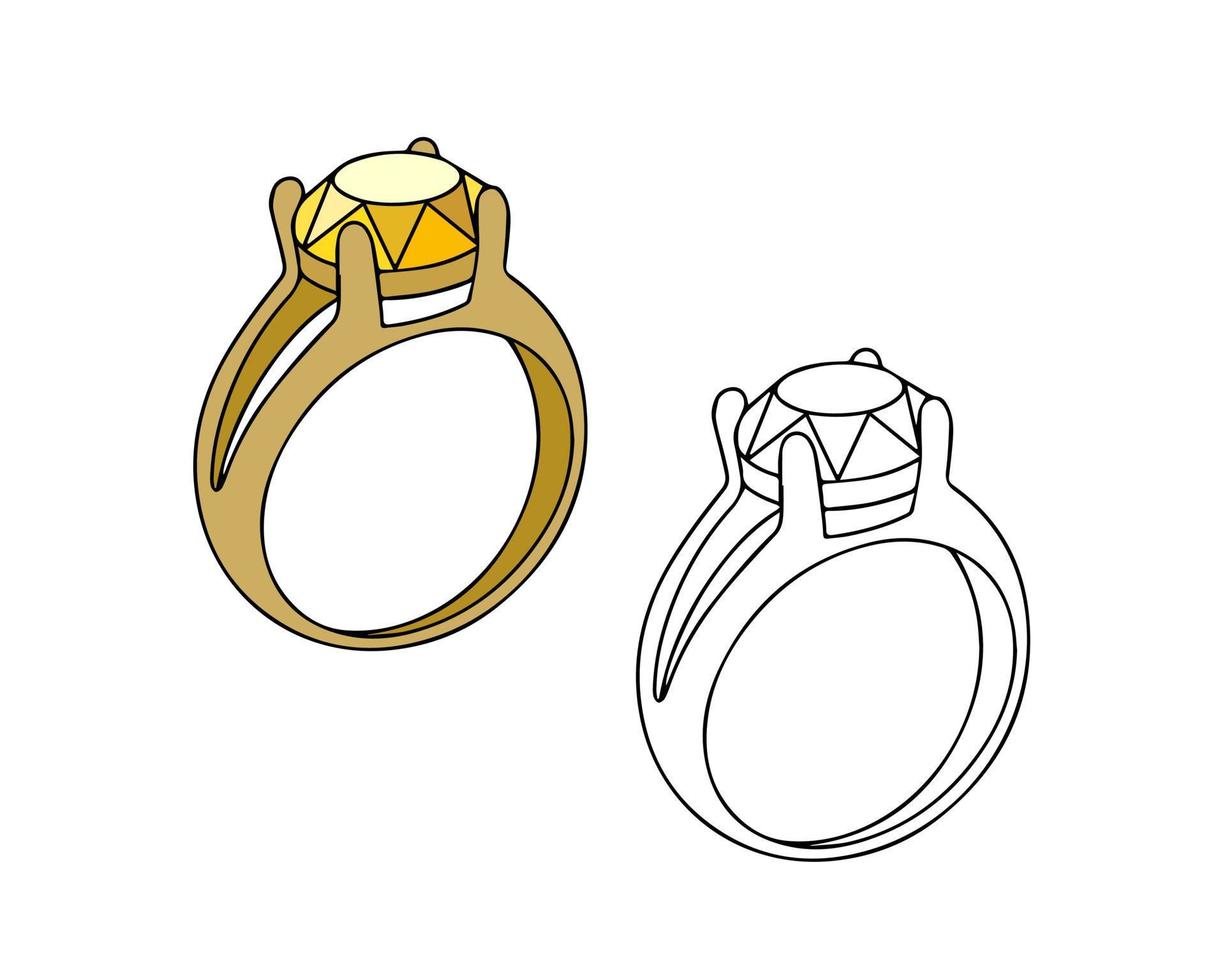Gold ring with a yellow gemstone. Linear drawing on a white background vector