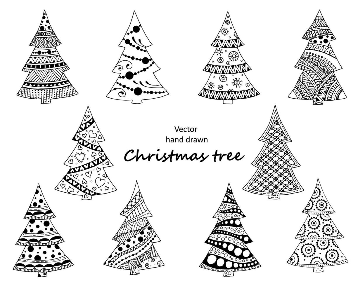 Hand sketch Christmas tree. Vector set of stylized illustrations. Collection of Christmas trees for Christmas and New year