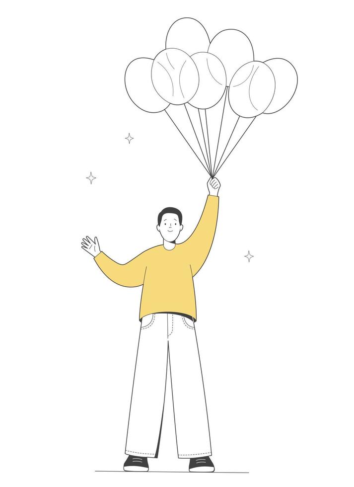 el hombre sostiene globos en la mano. vendedor de globos ilustración del esquema vector