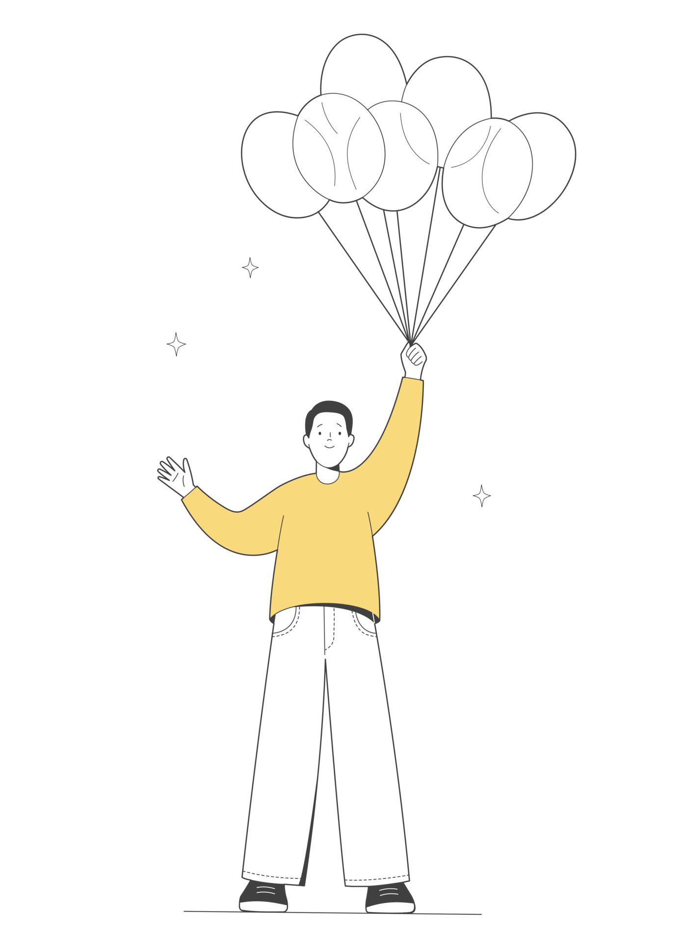 Man holds balloons in his hand. Balloon seller. Outline illustration