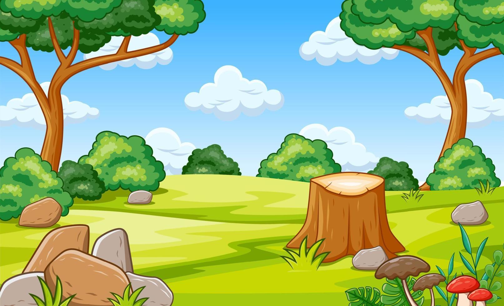Nature landscape scene background with many trees and tree stump vector