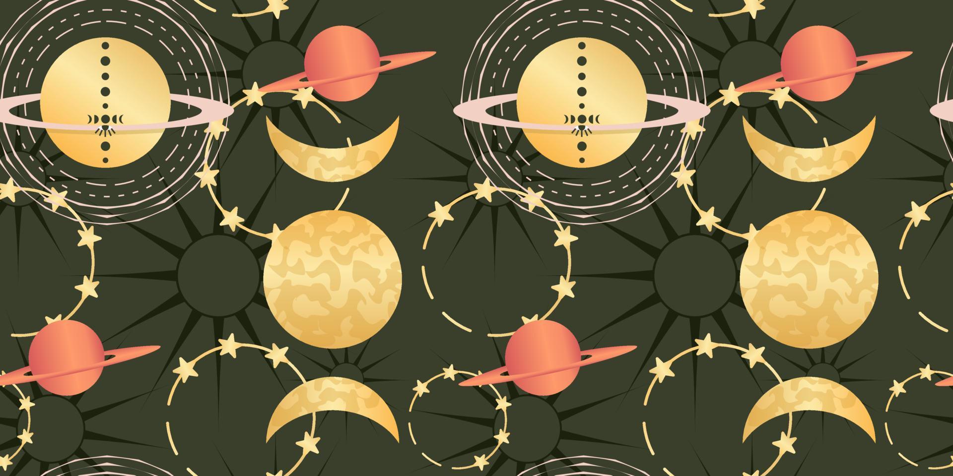 Celestial seamless pattern with sun, moon and stars. Magic astrology in boho vintage style. Mystical pagan golden sun with planets and moon phases. Vector illustration.