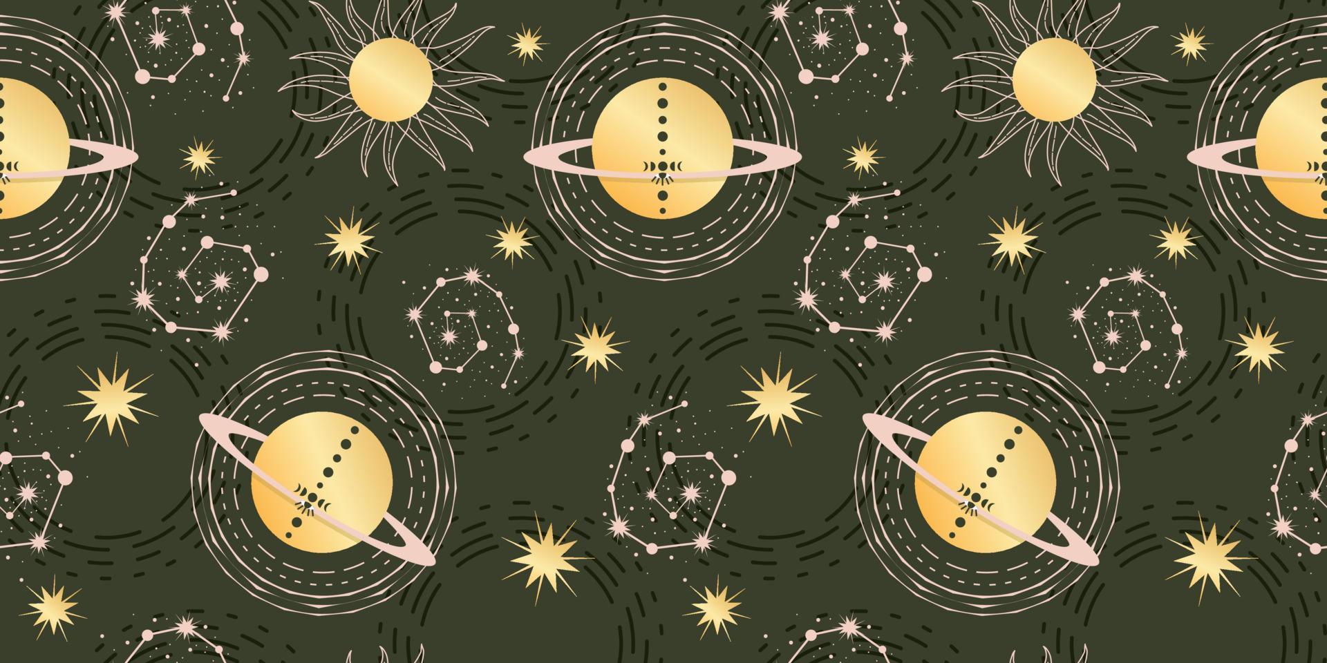 Star celestial seamless pattern with planet and constellations. Magical astrology in vintage boho style. Golden sun with moon phases and stars. Vector illustration
