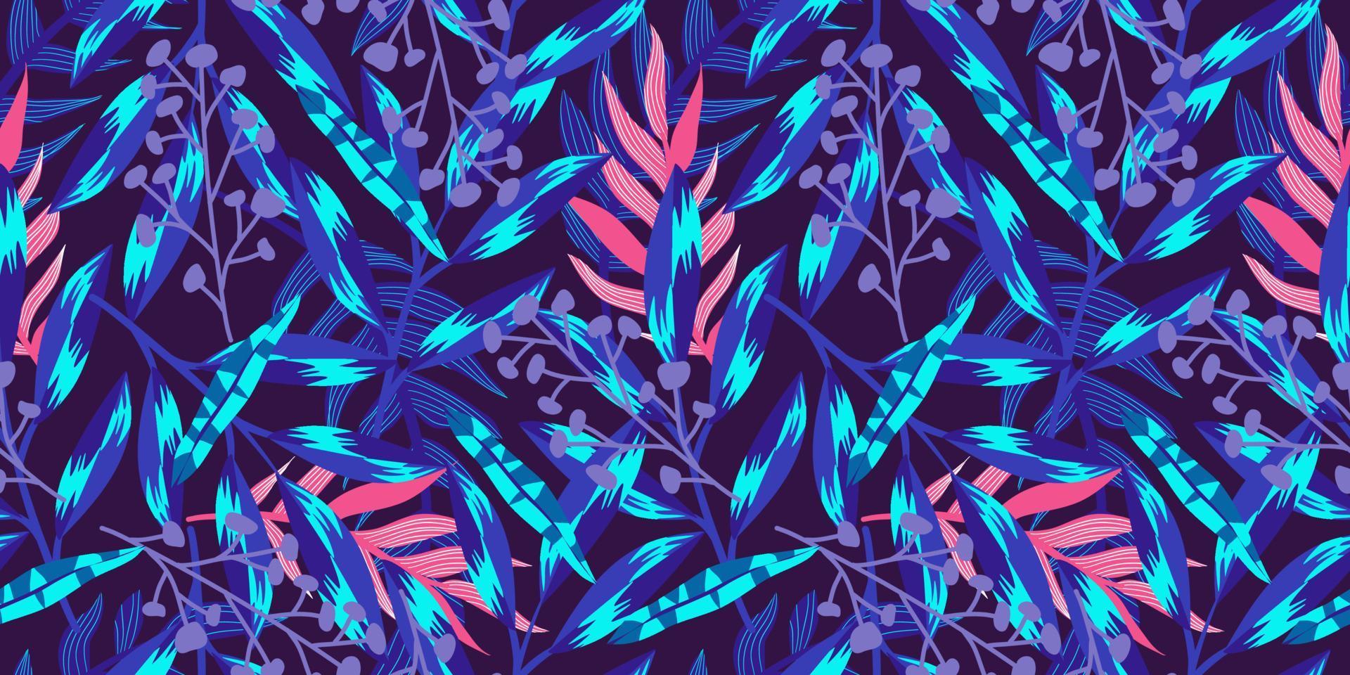 patrón transparente floral tropical de neón sobre fondo oscuro. neón floral para un diseño de verano brillante. selva tropical en estilo abstracto sobre fondo púrpura vector