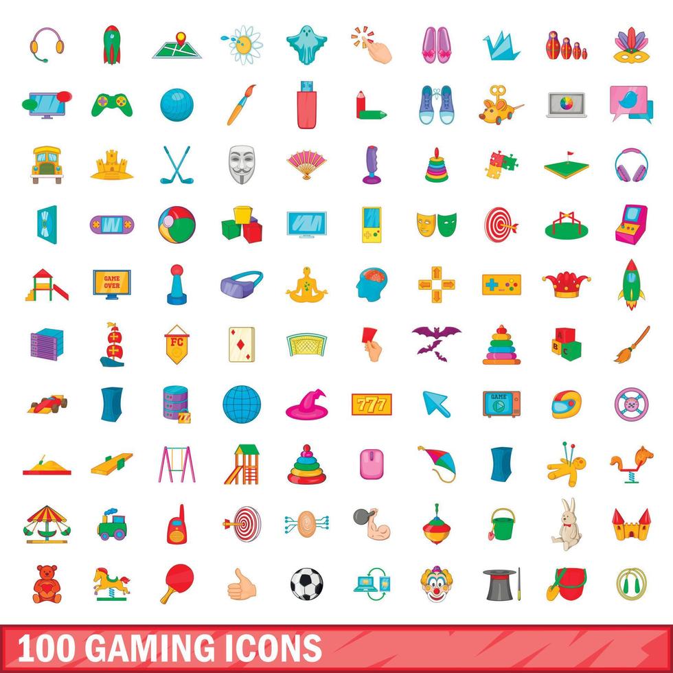 100 gaming icons set, cartoon style vector