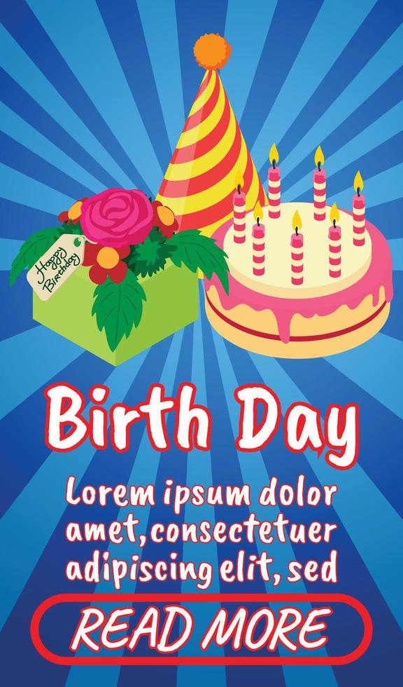 Birth day concept banner, comics isometric style vector