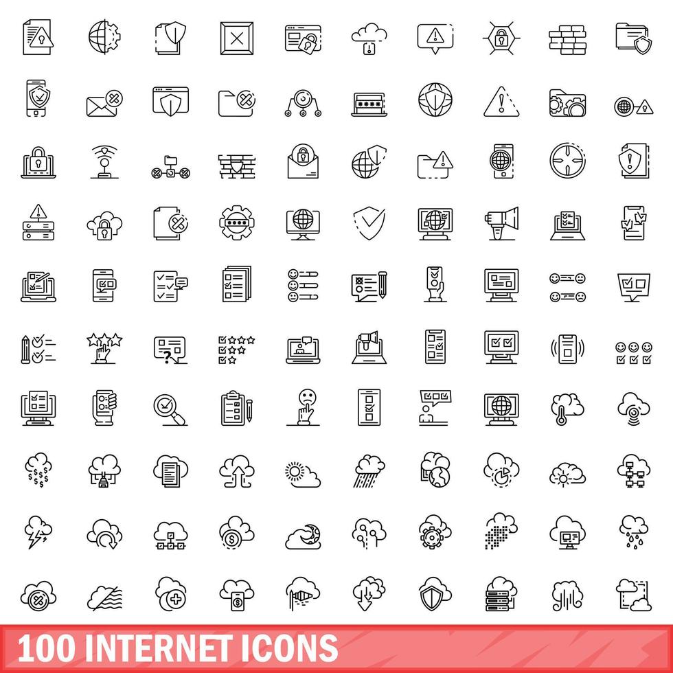 100 internet icons set, outline style vector