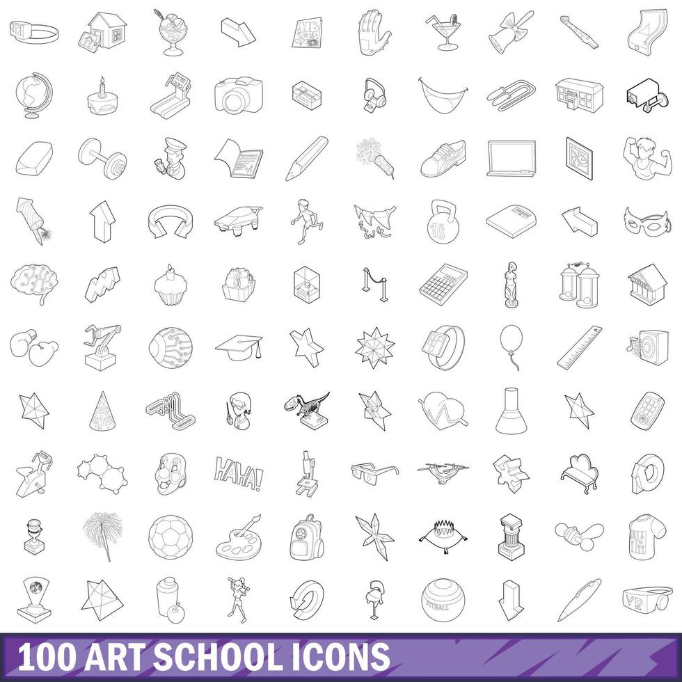 100 iconos de la escuela de arte, estilo de esquema vector