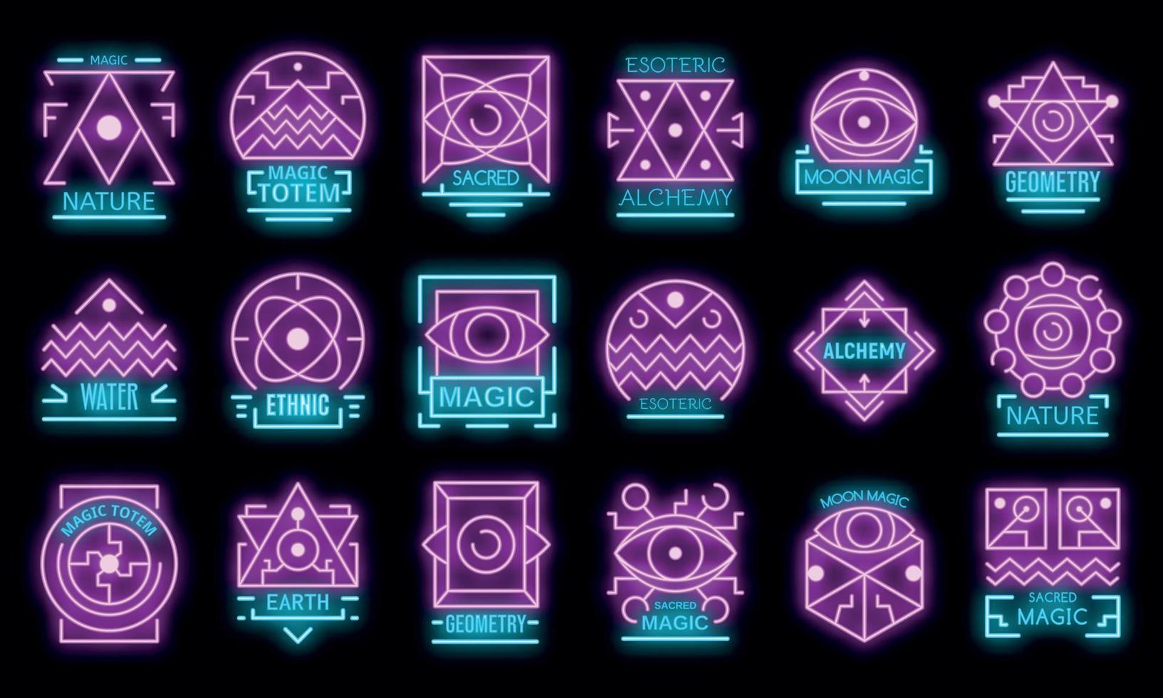 Geometric alchemy icons set vector neon