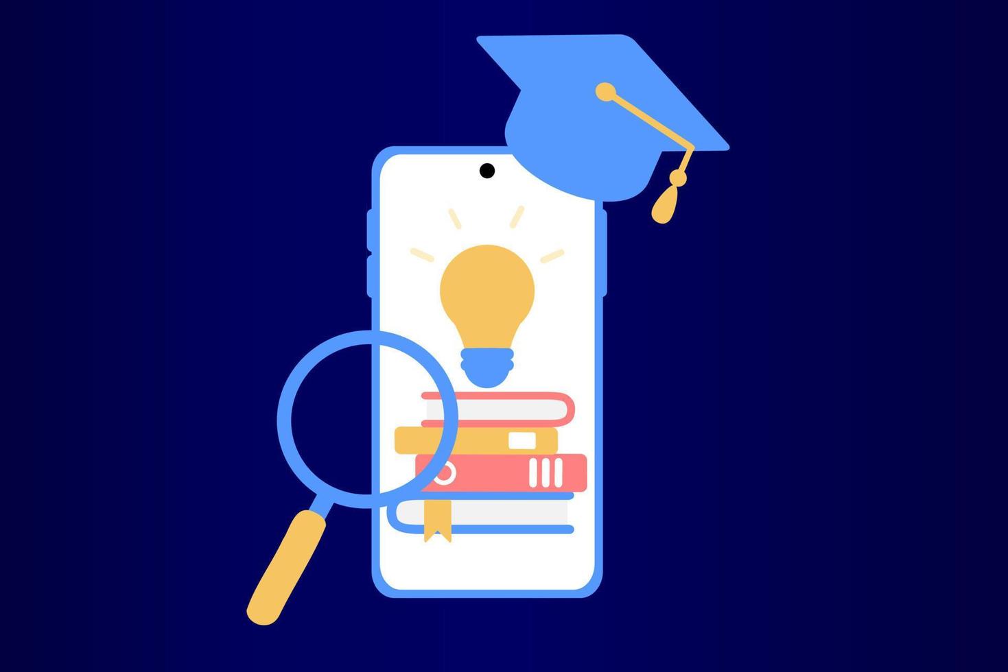 Concept of mobile learning, e-learning, library, e-book, classroom, tutorial and online courses application. Online education, university studies and back to school. Flat vector illustration.