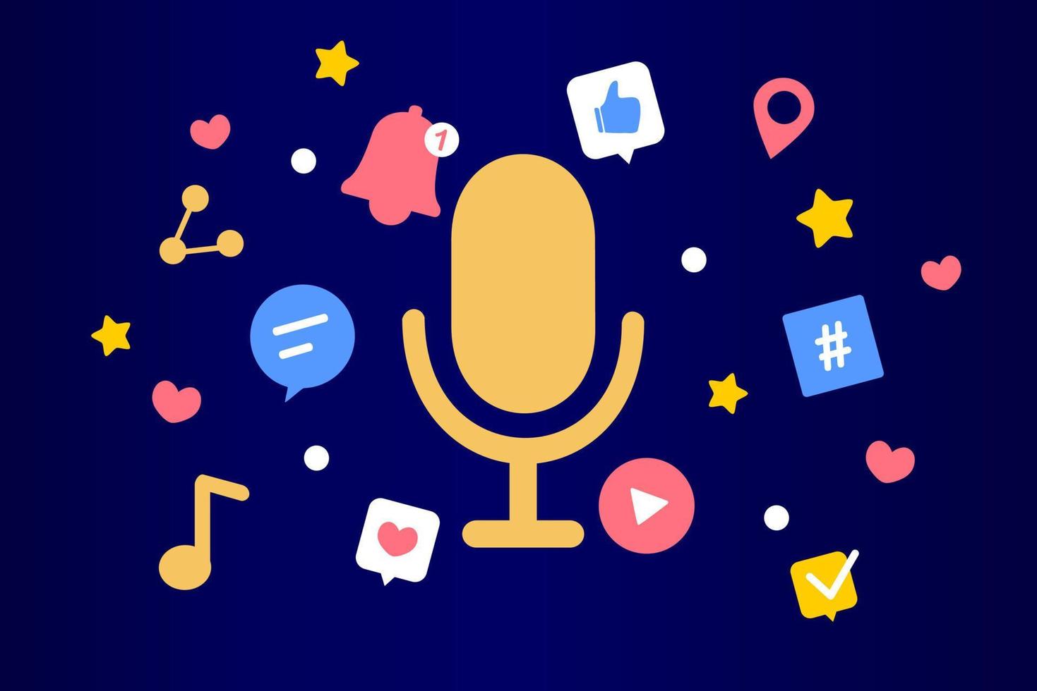 Podcast content concept. Streaming, online show, blogging, media marketing, podcasting app, radio advertising, broadcasting station, digital recording. Flat vector illustration for poster, web banner.